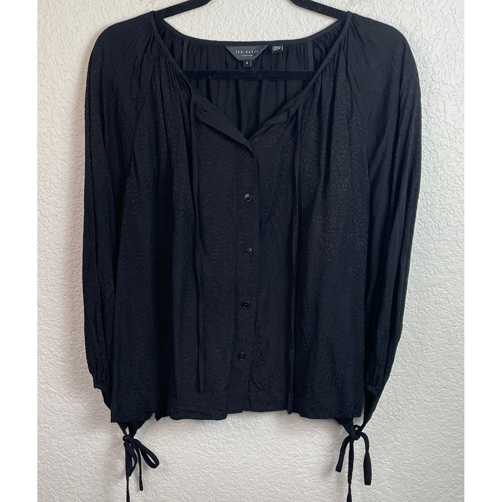 Ted Baker London Koryah Blouse Top Size 4 Black Puff Tie Sleeves Boxy Button Up